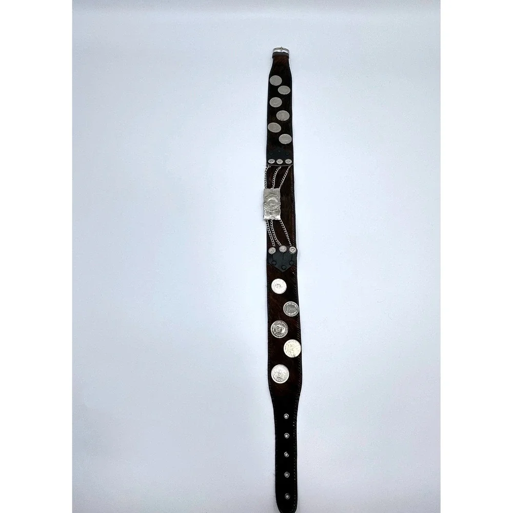 Vintage Gaucho Pony Hair Leather Coin Belt Argentina 100 Pesos Silver Chain